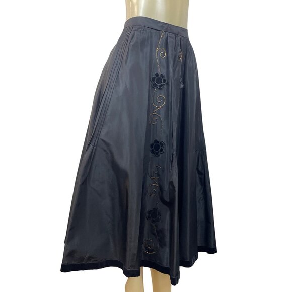 Vintage 80''s Miss Féraud Women's Black  With Embroidered Floral Art Long Skirt - Picture 2 of 7